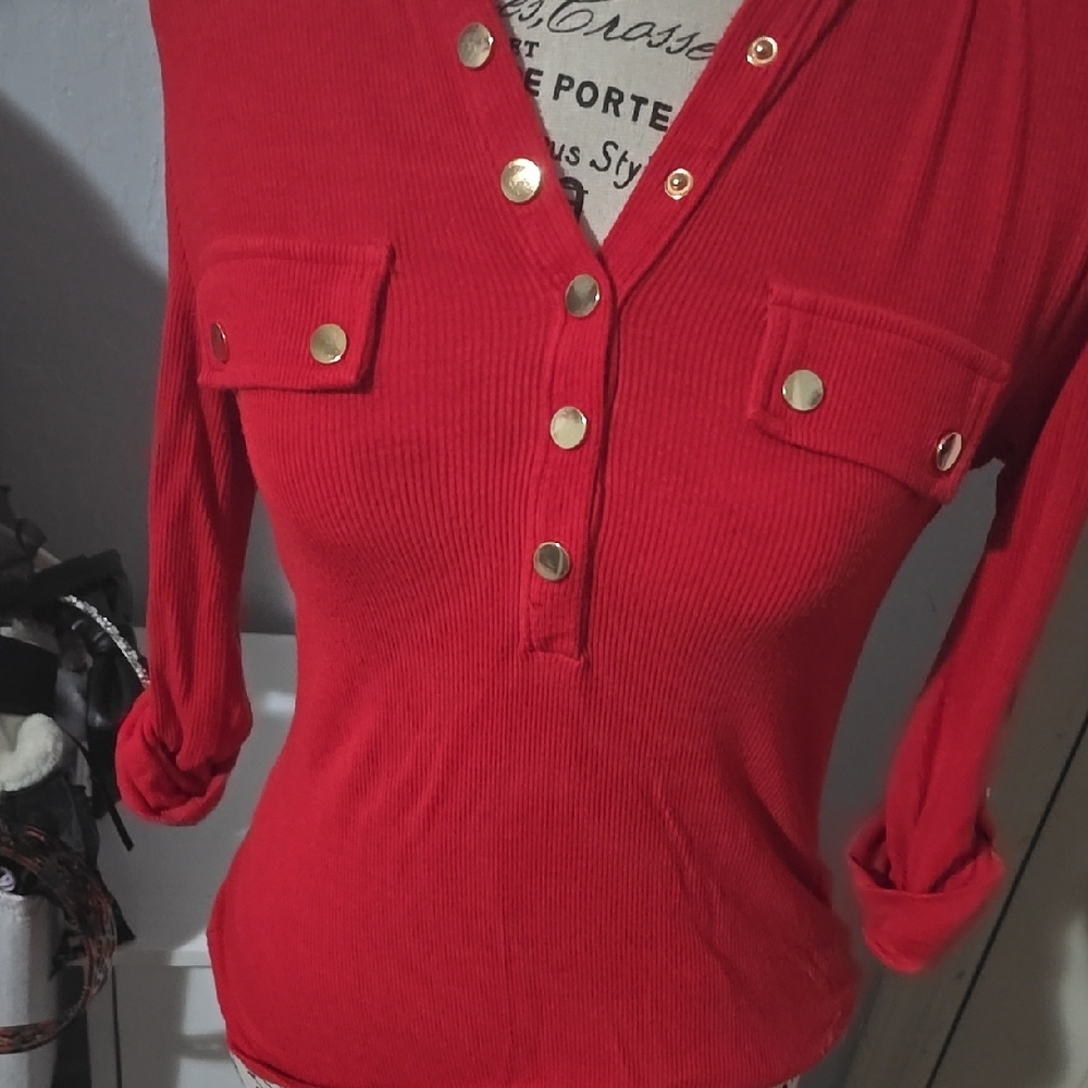 Red Button-Up Women's Top